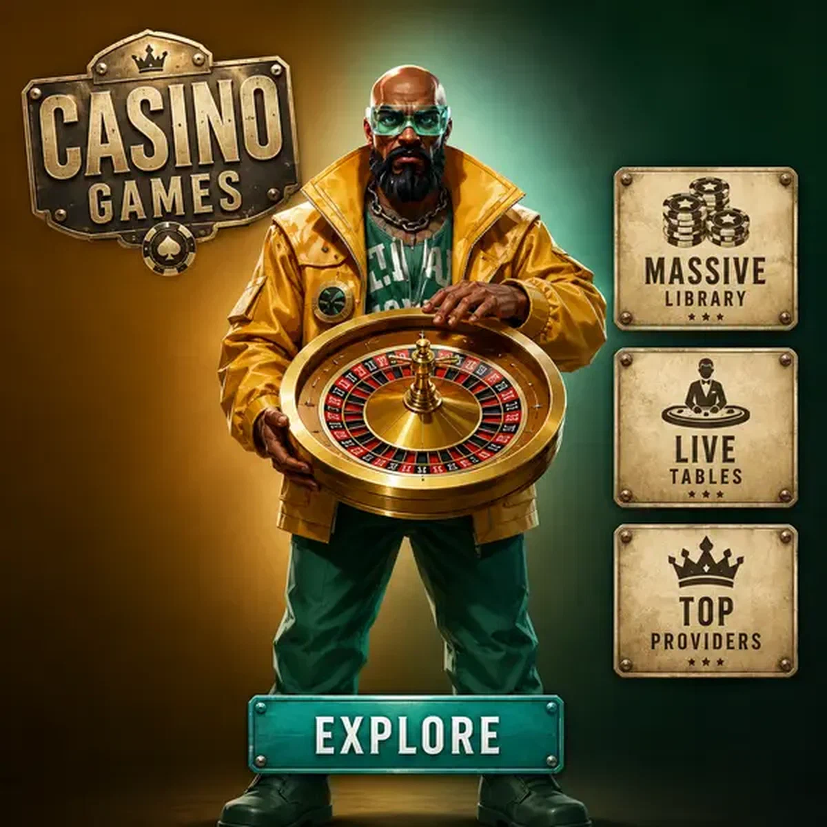 Der Vorarbeiter präsentiert goldenes Roulette-Rad bei Boomzino Casino Games traditionellem Casino-Boden