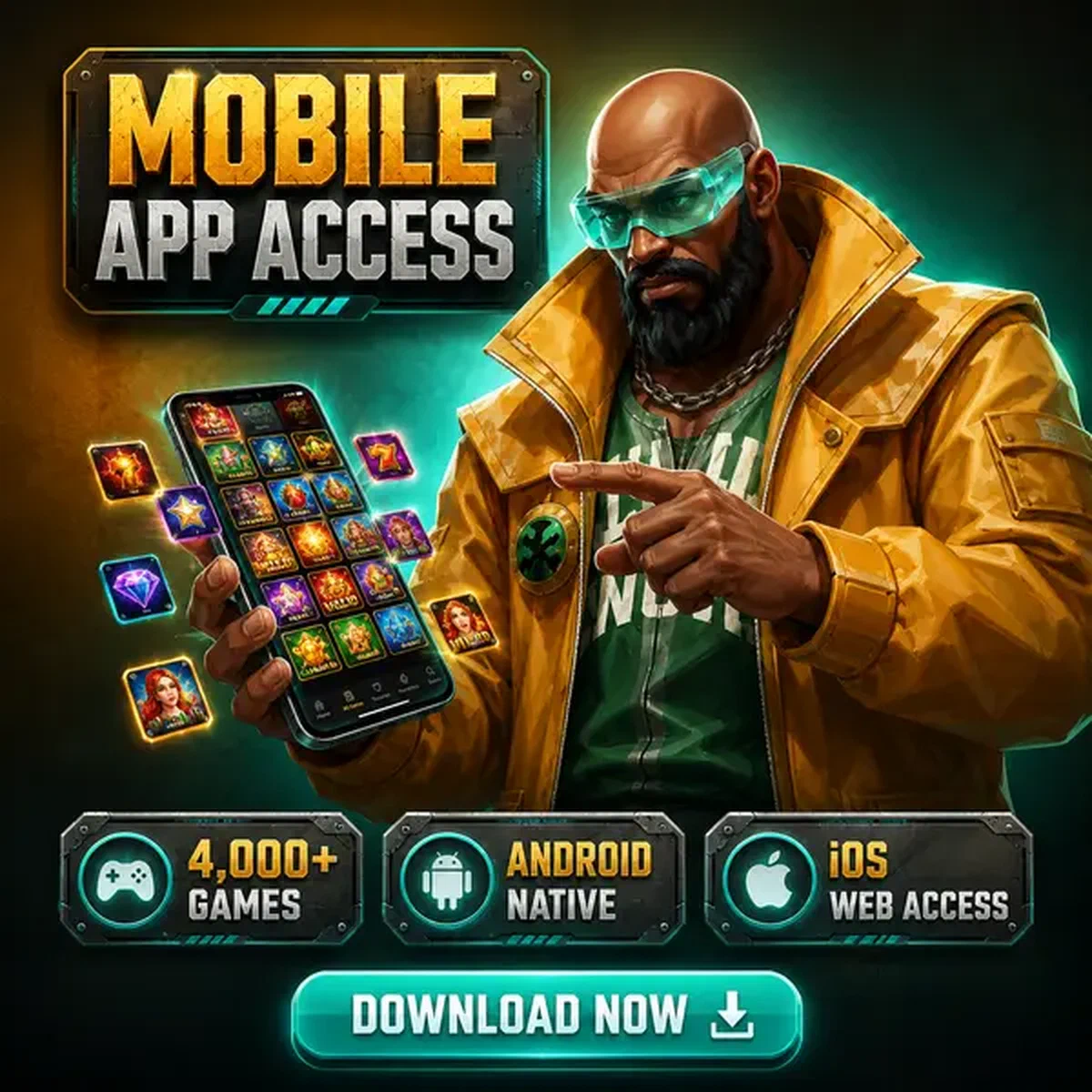 Der Vorarbeiter inspiziert die Boomzino Mobile App mit Spielraster, das aus dem Smartphone-Bildschirm quillt