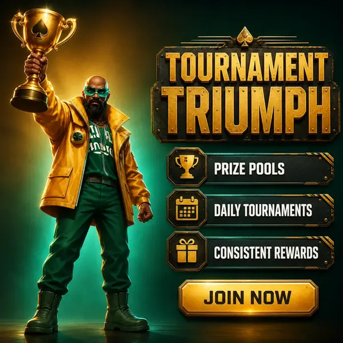 Der Vorarbeiter hebt goldene Trophäe bei Boomzino-Spielautomaten-Turniersieg-Feier