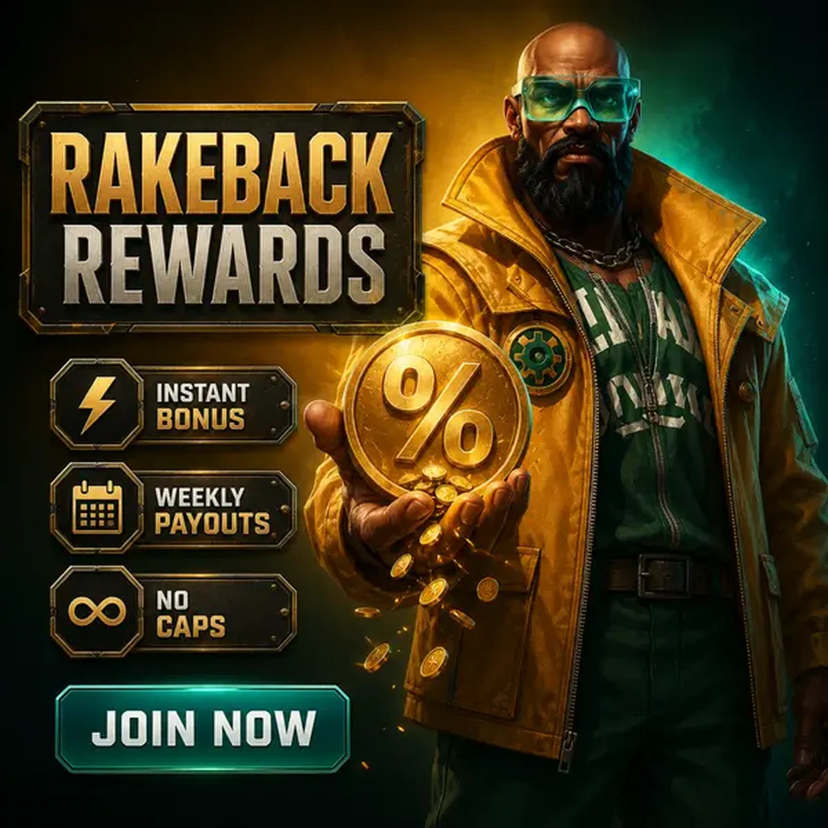 Der Vorarbeiter präsentiert goldene Rakeback-Belohnungen, während sich Spieler bei Rakeback Rhythm and Recurring Rewards anmelden