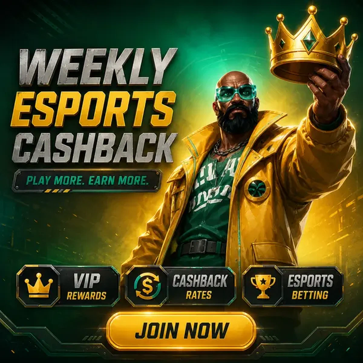 Muskulöser Vorarbeiter hält goldene Krone bei wöchentlichem Boomzino Esports Cashback Esport-Wetten-Belohnungen