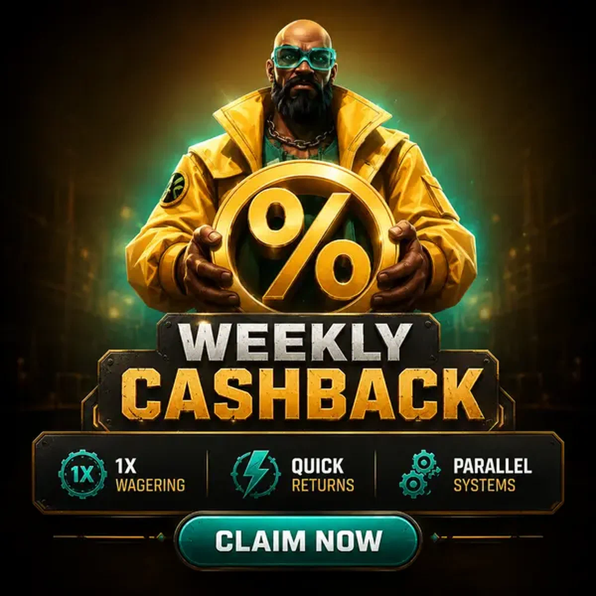 Der Vorarbeiter präsentiert wöchentliches Cashback-Bonus mit goldenem Prozentsymbol auf industrieller Spielfläche