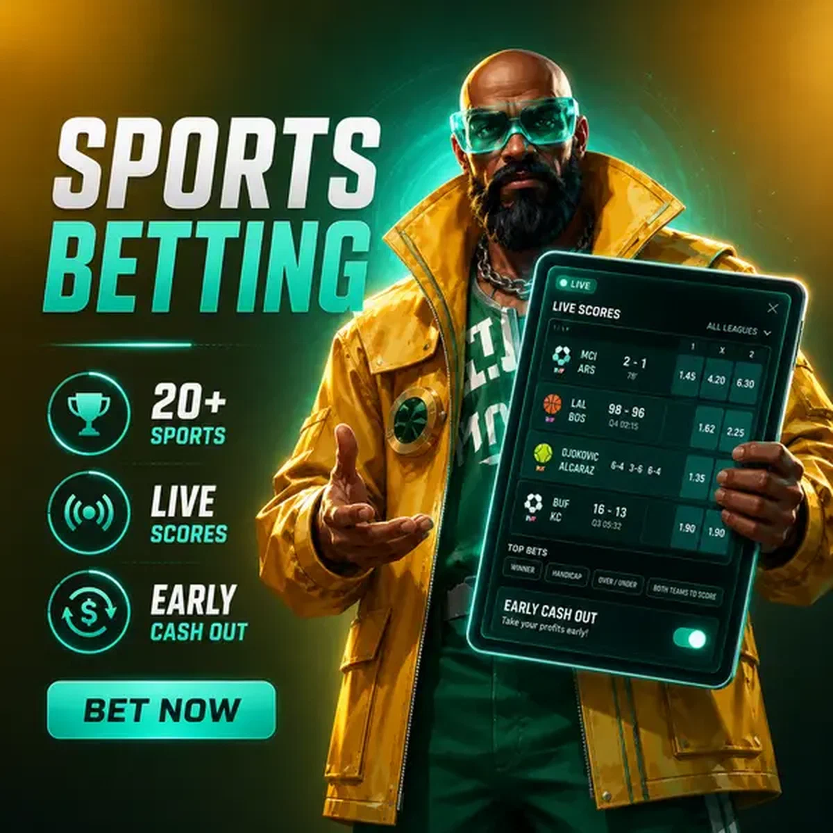 Breitbrüstiger Analyst überprüft Live-Sportwetten-Quoten auf leuchtendem Tablet bei Boomzino Sports Betting